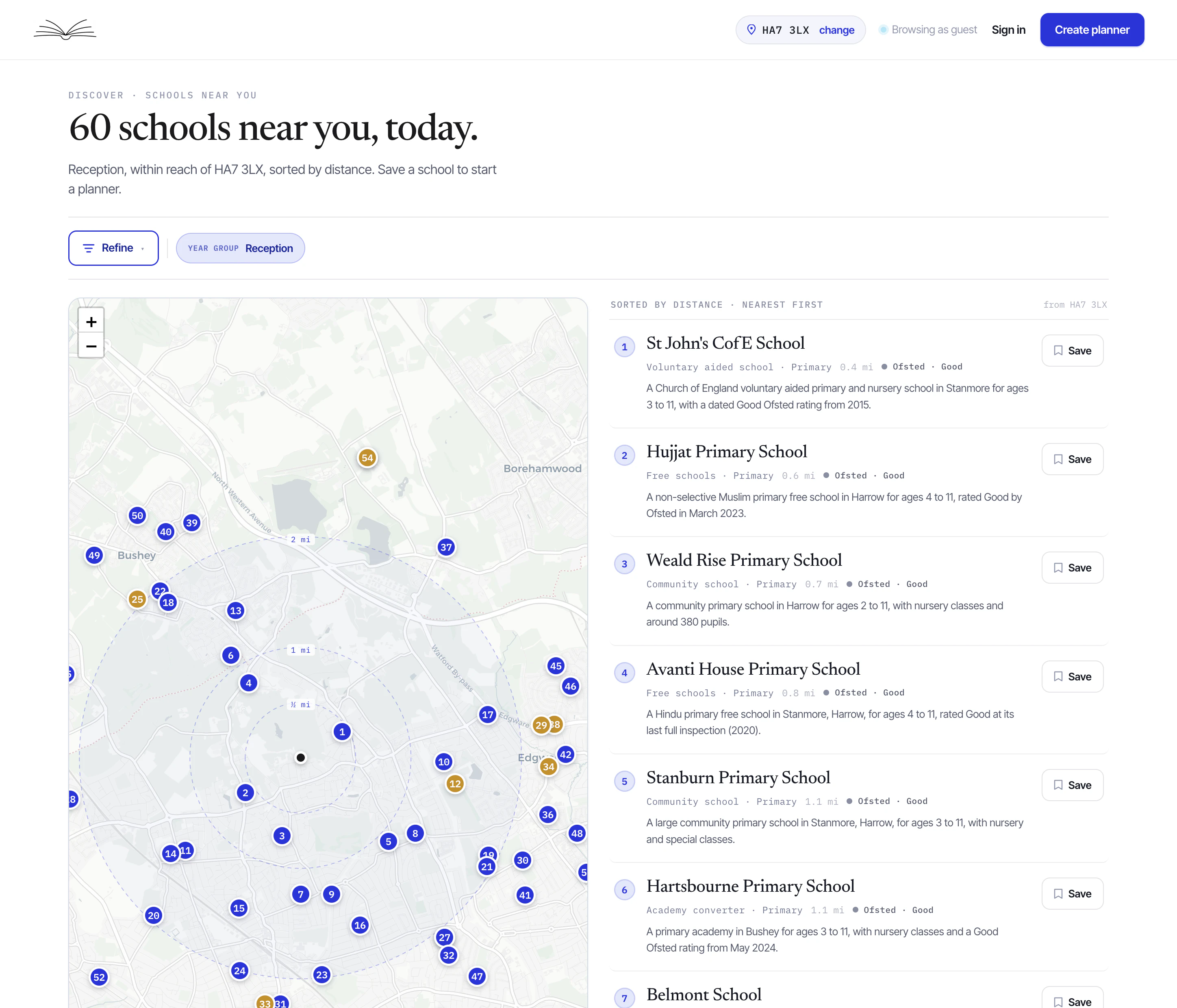 Live openday Discover page for postcode HA7 3LX filtered to Reception — nearby primary schools on a map centred on the searched postcode with distance rings, alongside a results list sorted by distance with Ofsted ratings.