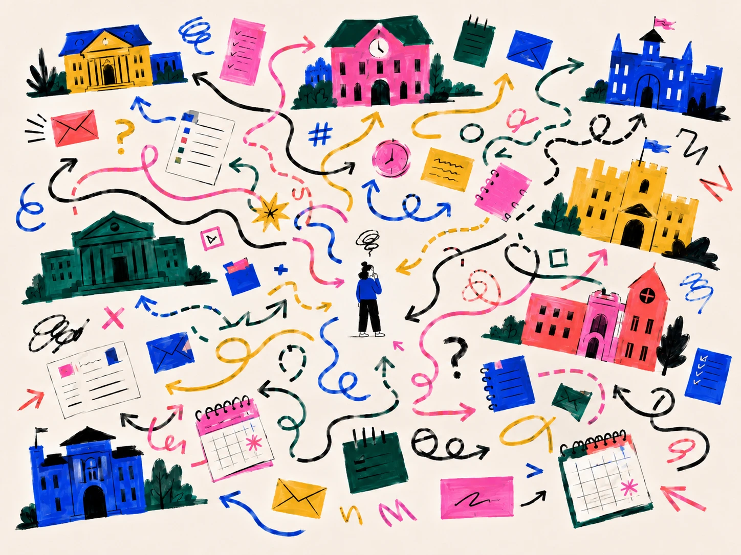 A small figure standing among many different schools, surrounded by criss-crossing arrows, calendars, notes and question marks.