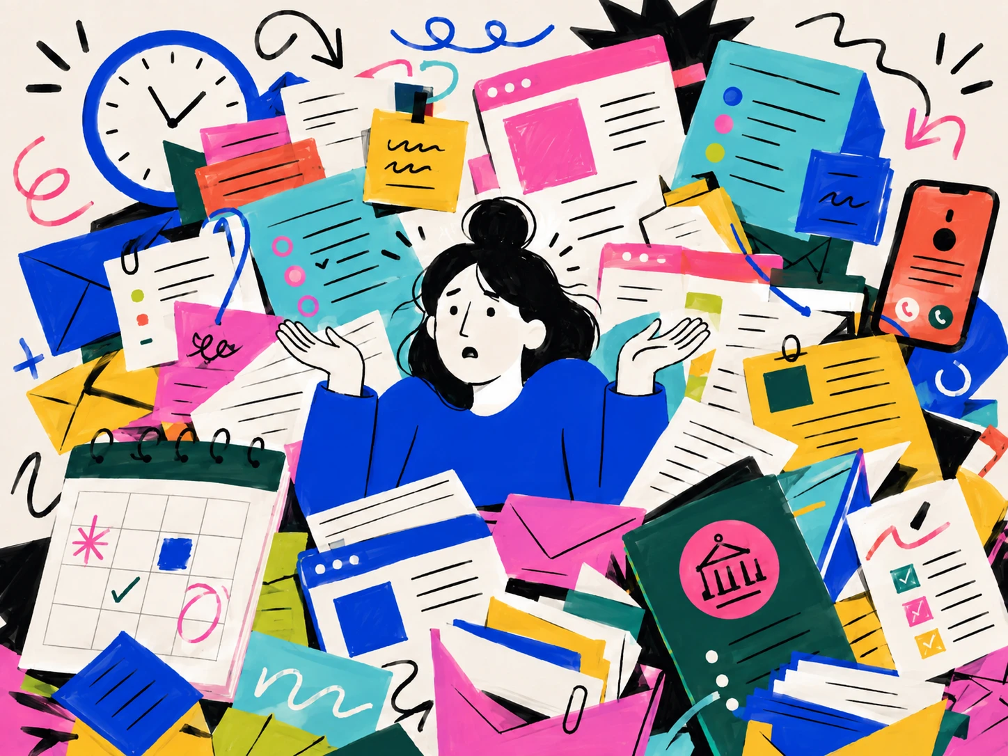 A parent almost buried beneath a rising pile of paperwork, letters, browser windows, calendars and forms.