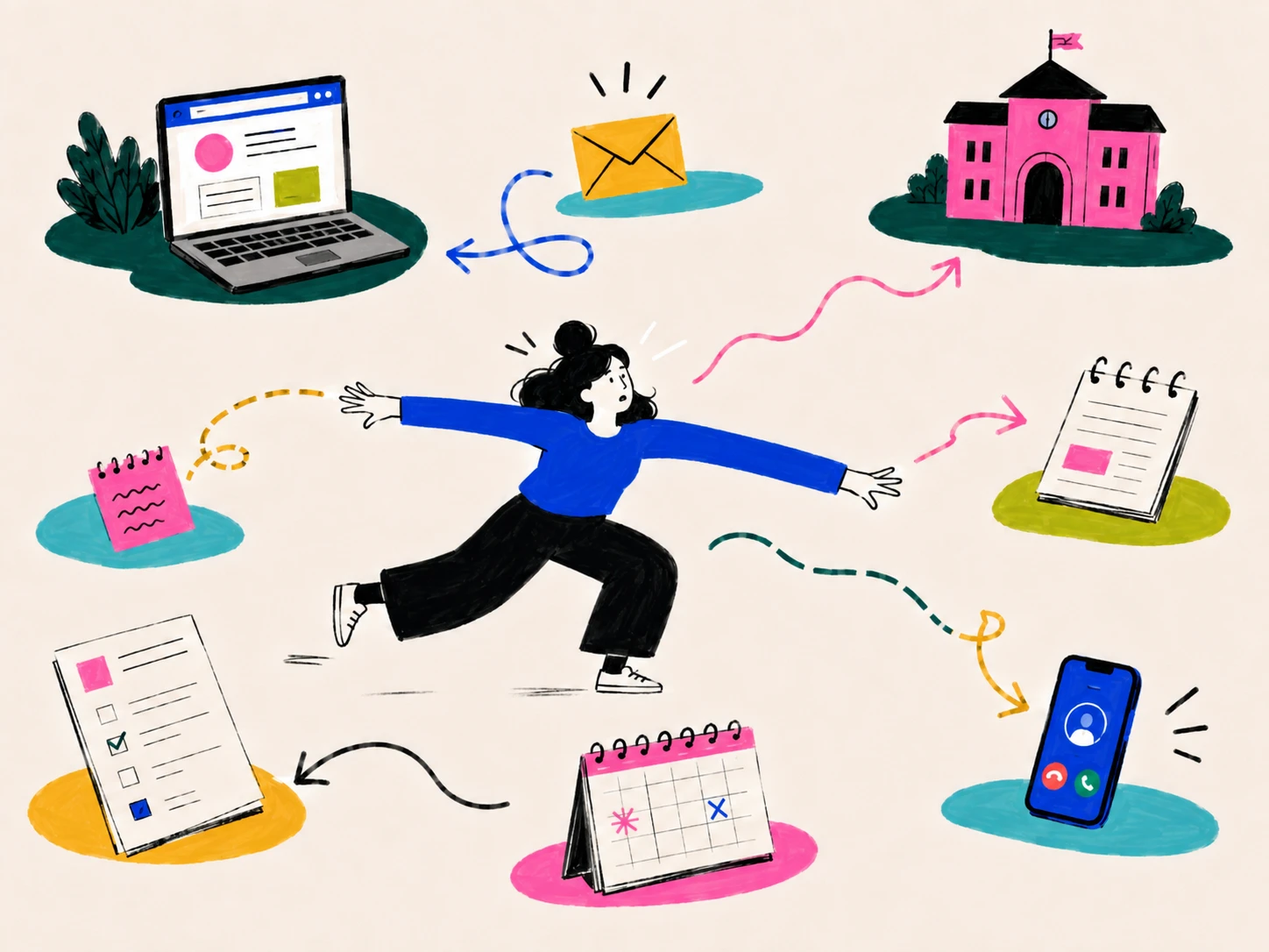 A parent stretched between a laptop, an email, a school, notepads, a checklist, a calendar and a ringing phone, each pulling in a different direction.